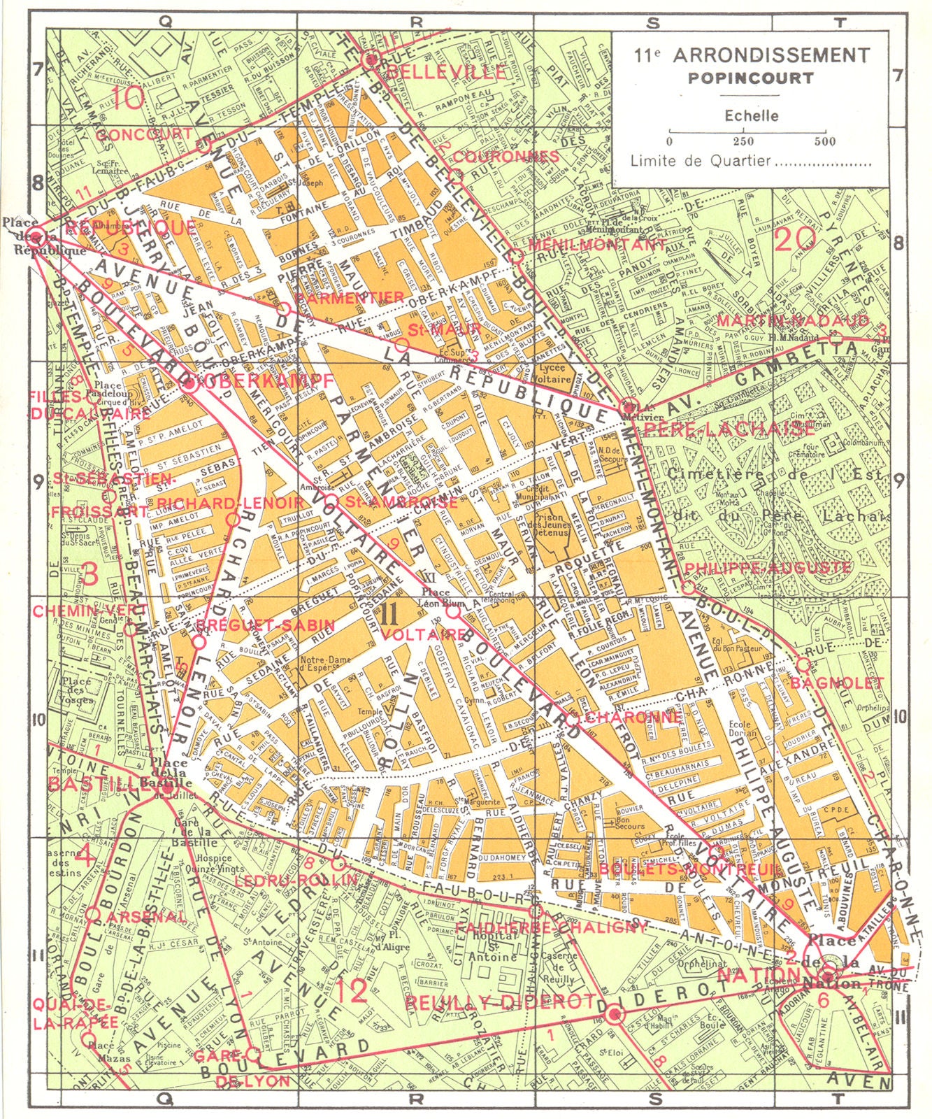 PARIS. 11e Arrondissement Popincourt 1920 old antique vintage map plan chart